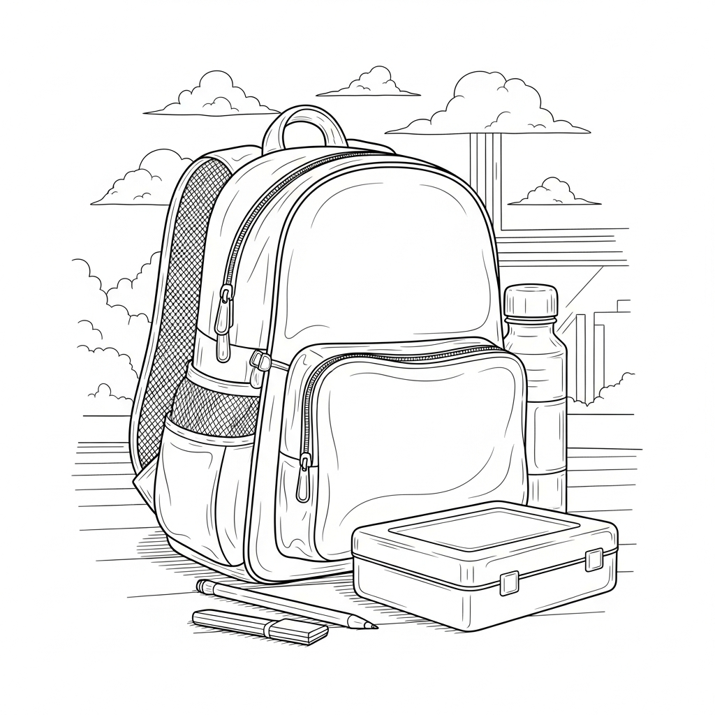 Realistic Backpack Coloring Page with Lunchbox and Water Bottle coloring page