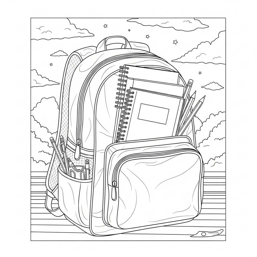 Realistic Student Backpack Coloring Page with Notebooks and Pencils coloring page