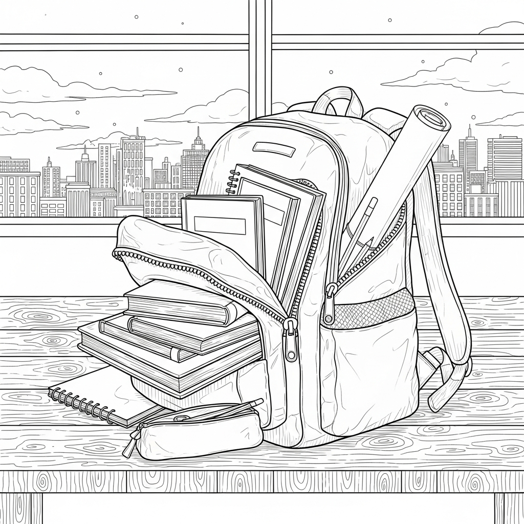 Realistic Student Backpack Coloring Page with Open Zipper and Supplies coloring page