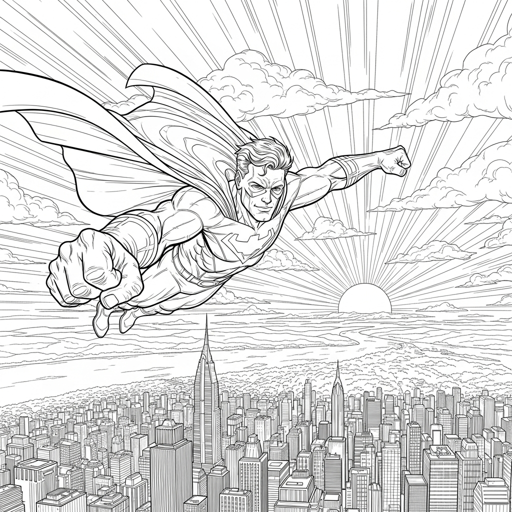 Página para Colorear de Superhéroe Realista Volando Sobre la Ciudad coloring page