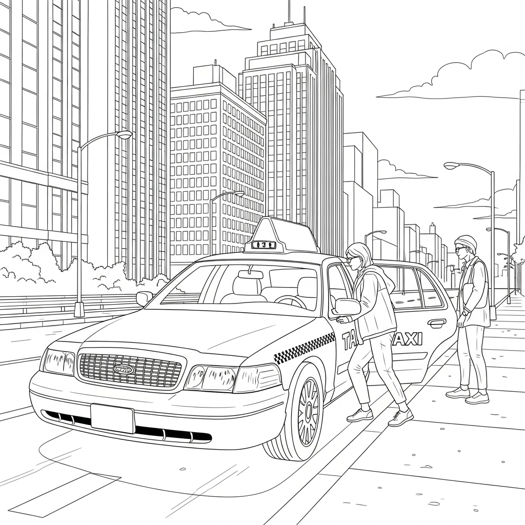 Moeilijke Realistische Kleurplaat van een Taxi die Passagiers Ophaalt coloring page