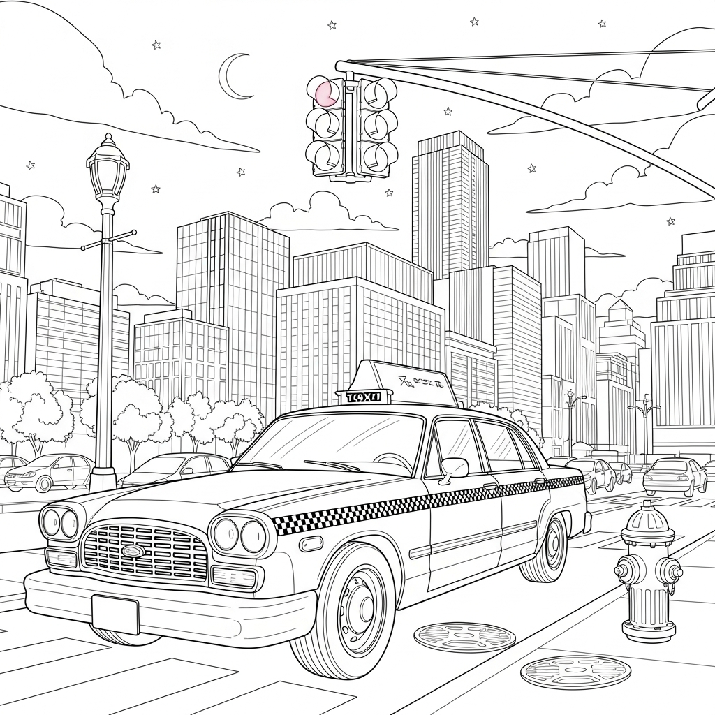 Pagina da Colorare: Taxi Taxi Realistico Fermo al Semaforo coloring page
