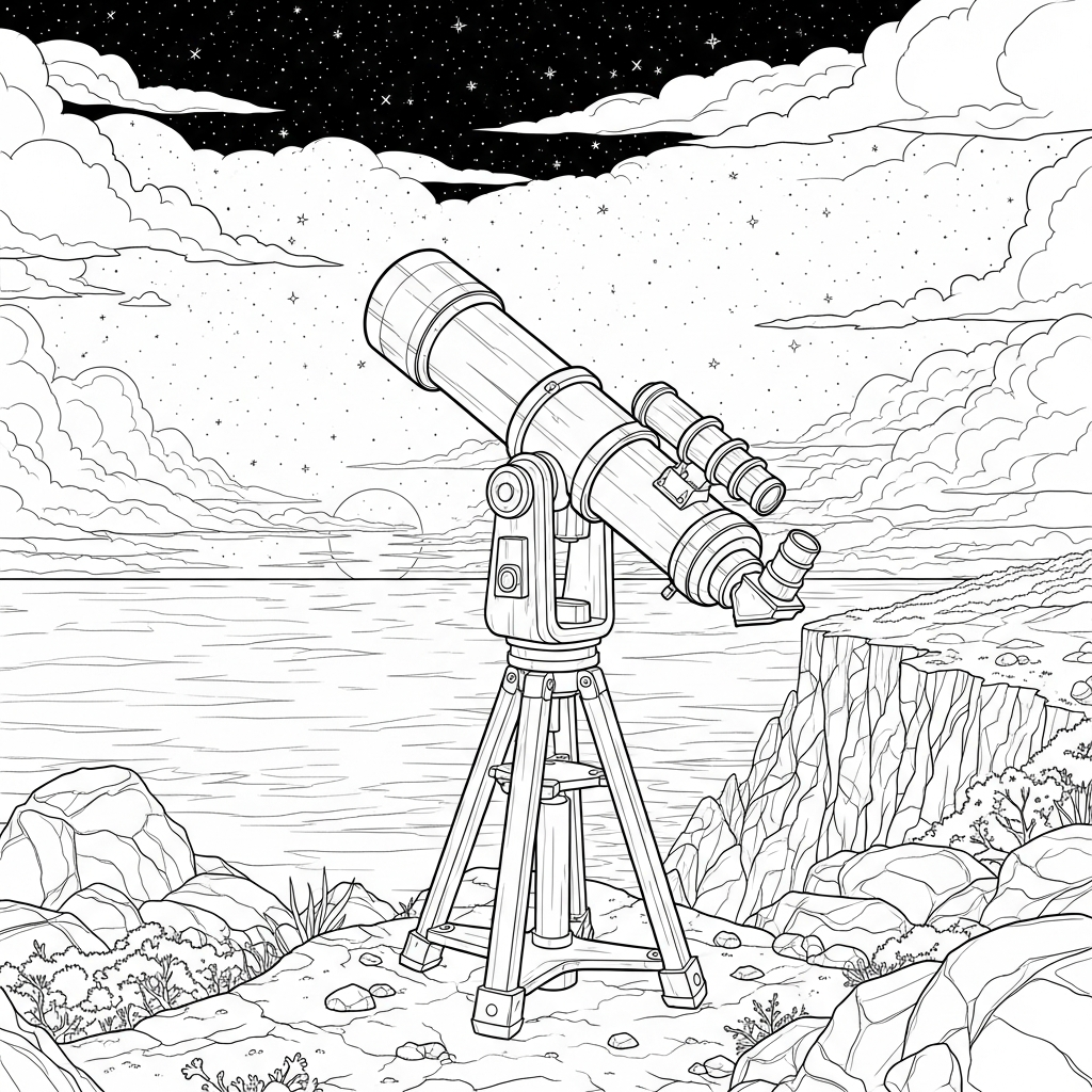 Página para Colorear de Telescopio Realista Dificultoso Observando el Océano de Noche coloring page
