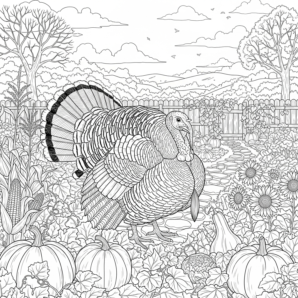 Realistisches Thanksgiving-Einhorn im Ländlichen Garten Malvorlage coloring page printable