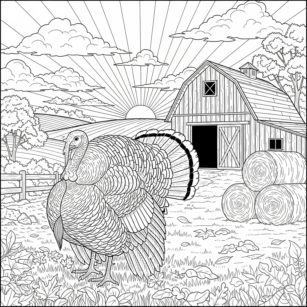 Realistisches Ausmalbild von einem Thanksgiving Truthahn neben einer Scheune und Heuballen coloring page printable
