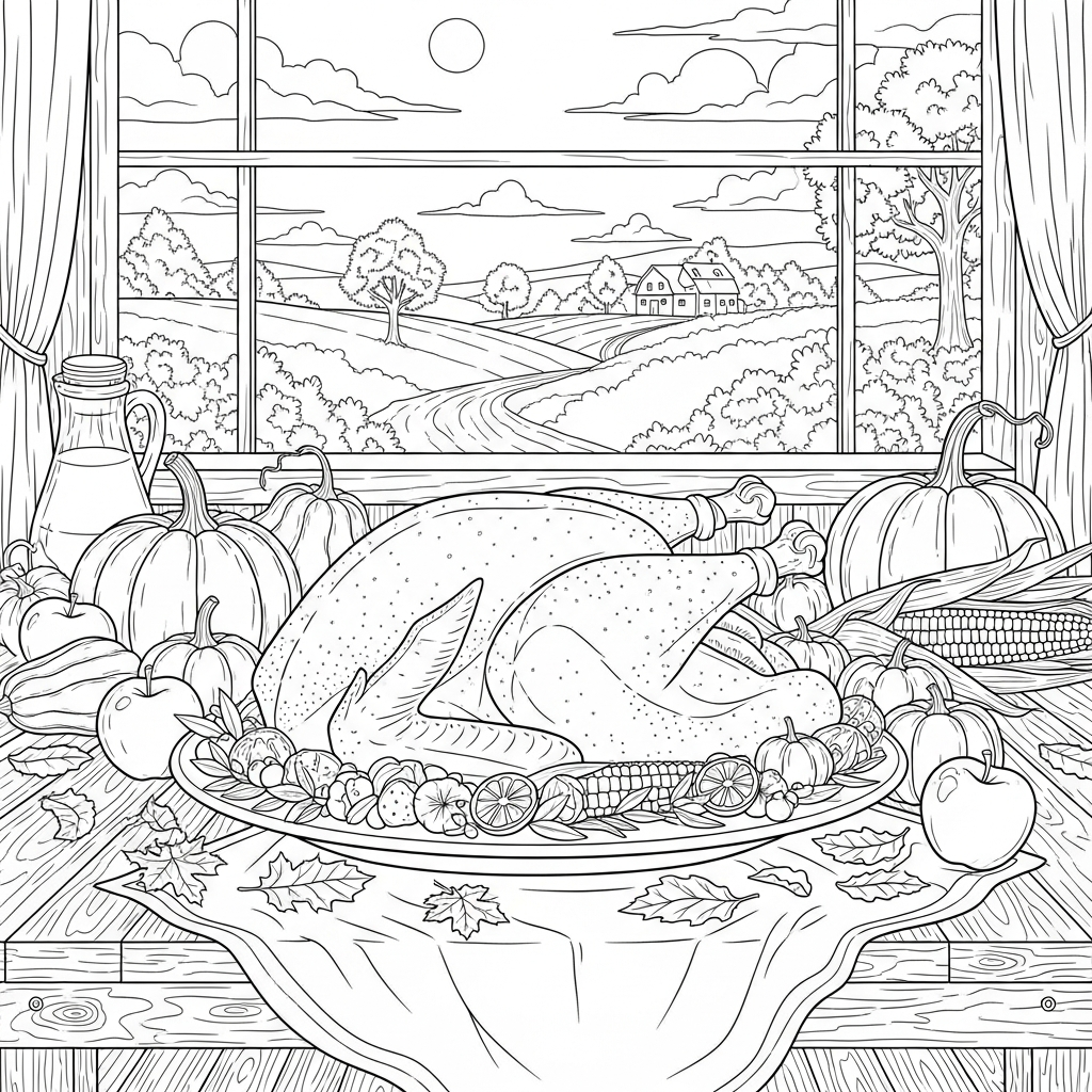 Dessin à Colorier Réaliste de Dinde de Thanksgiving sur une Table de Récolte coloring page