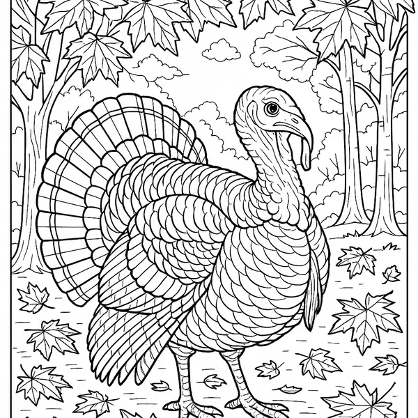 Realistisches Ausmalbild eines Thanksgiving Truthahns unter Ahornbäumen coloring page printable