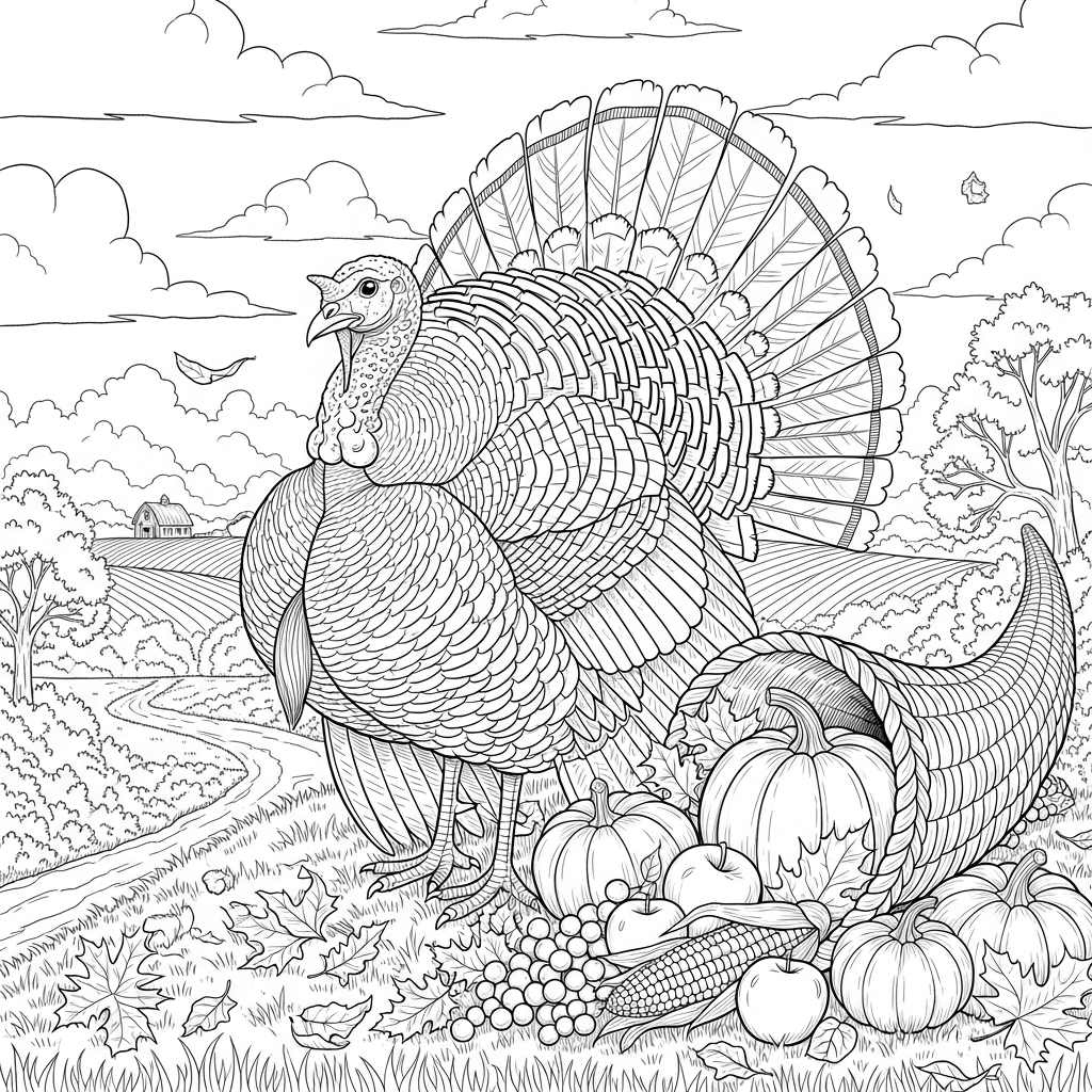 Schweres Realistisches Ausmalbild eines Erntedanktruthahns mit Füllhorn coloring page printable