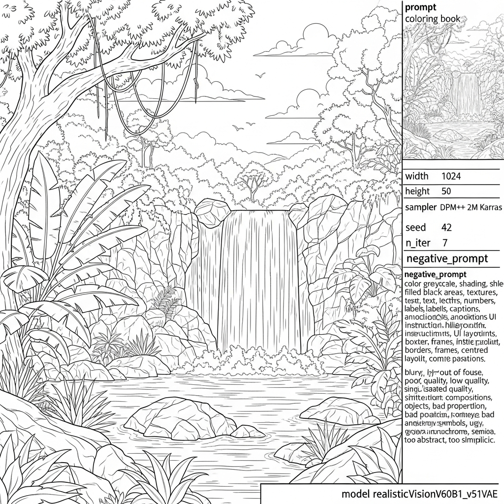 Página para Colorear Cascada Tropical Realista Difícil en la Selva coloring page