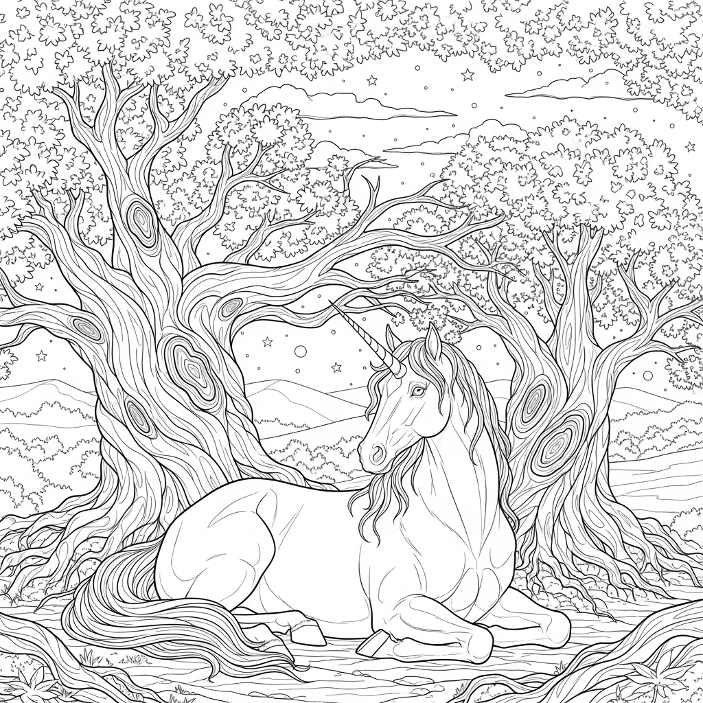 Licorne Réaliste Difficile reposant sous des Arbres Anciens - Page de Coloriage coloring page