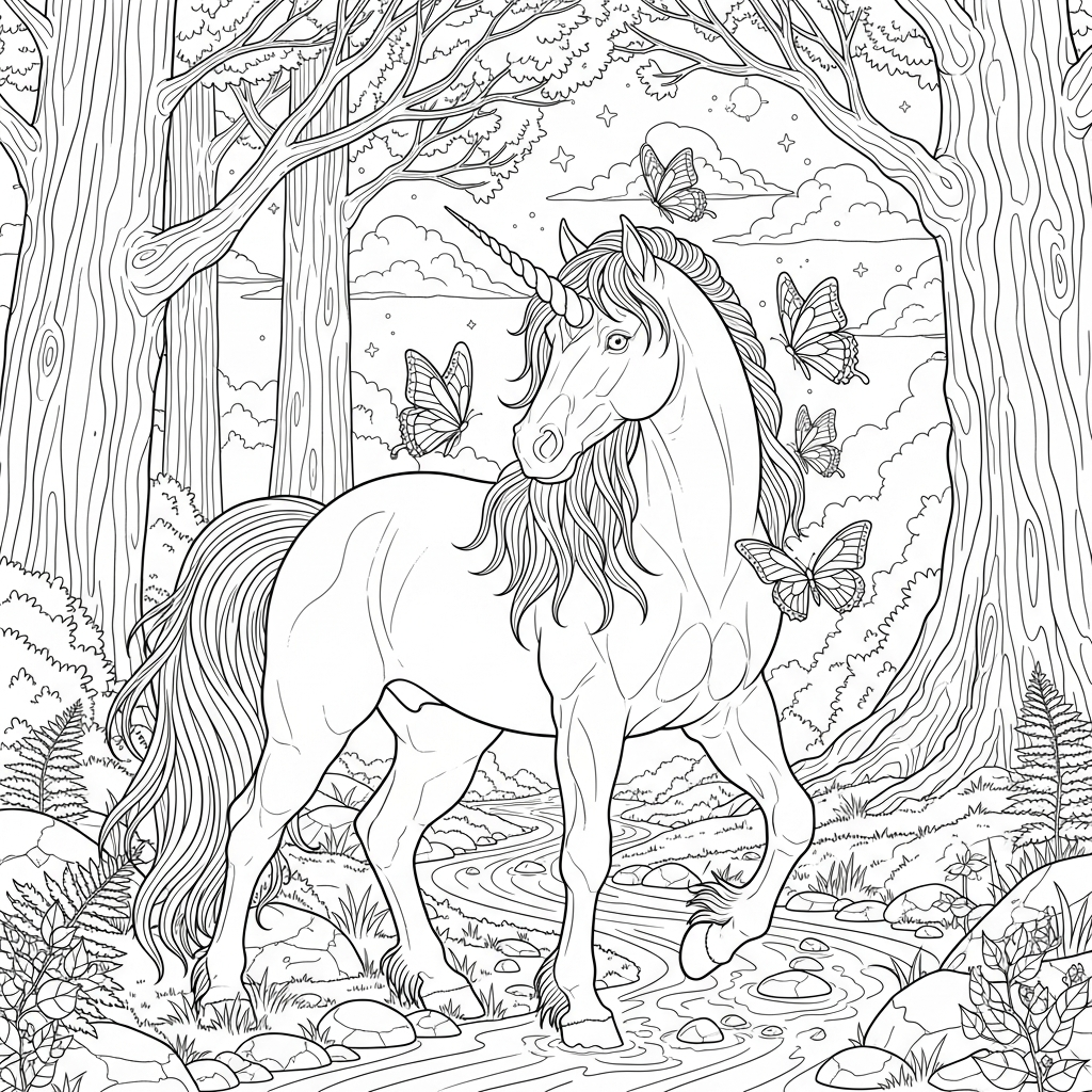 Challenging Realistic Unicorn Coloring Page with Butterfly Friends coloring page