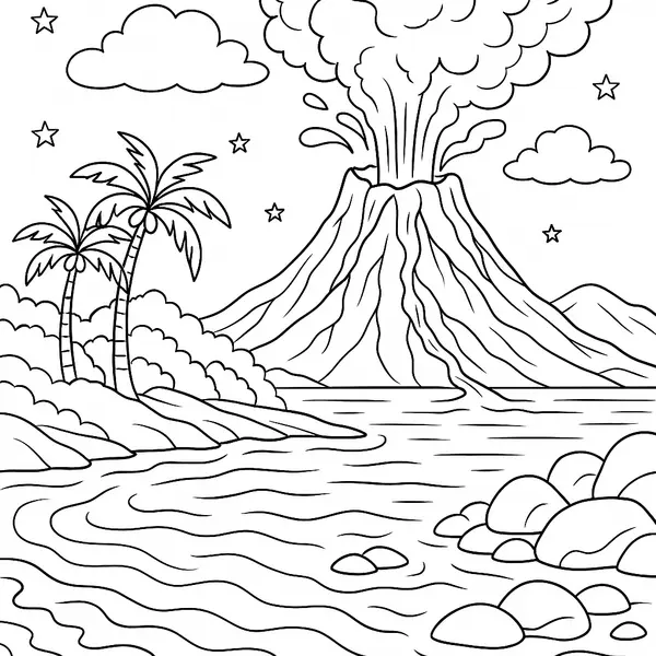 Página para Colorear de un Volcán Realista Difícil en la Costa de una Isla coloring page printable