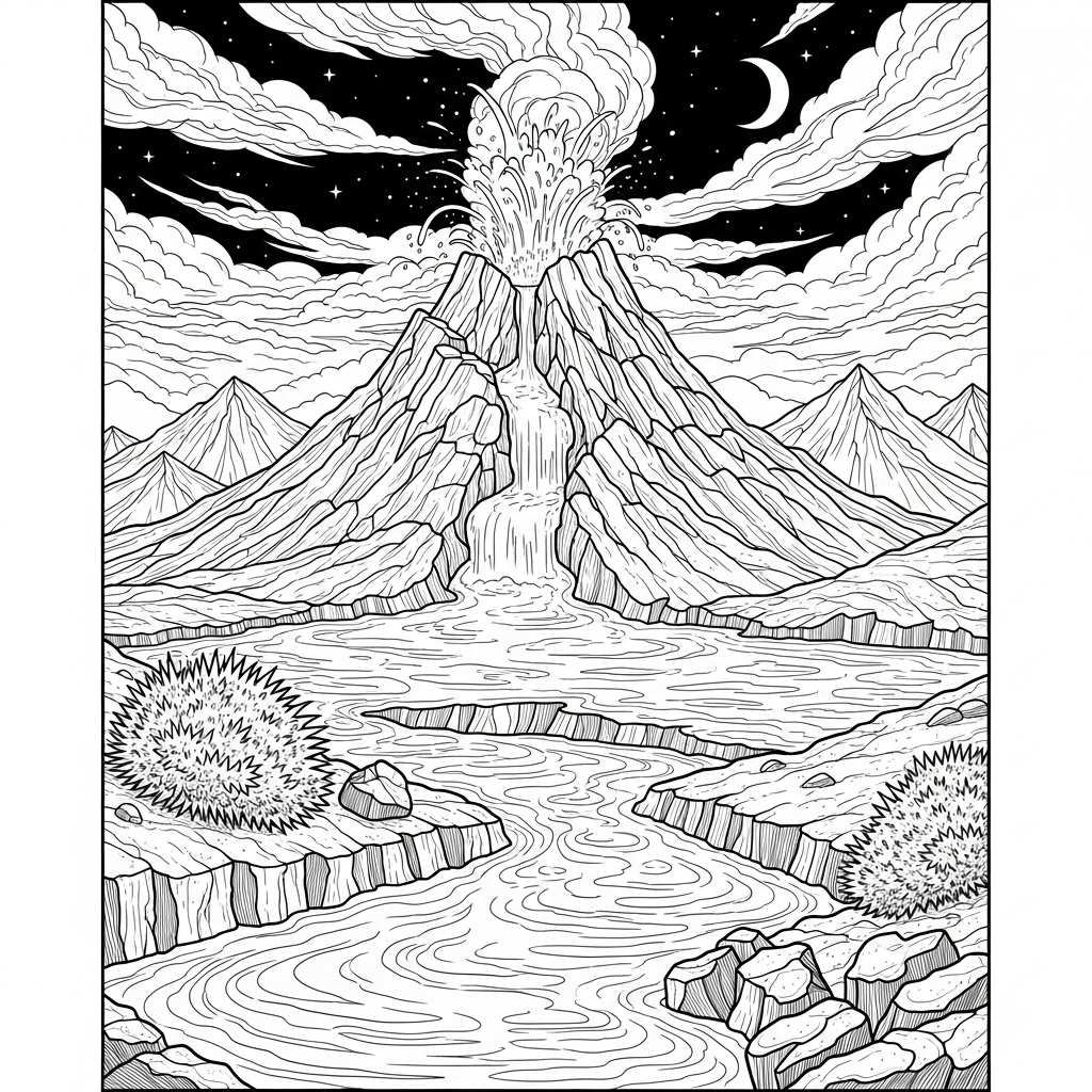 Challenging Volcano Coloring Page with Flowing Lava coloring page