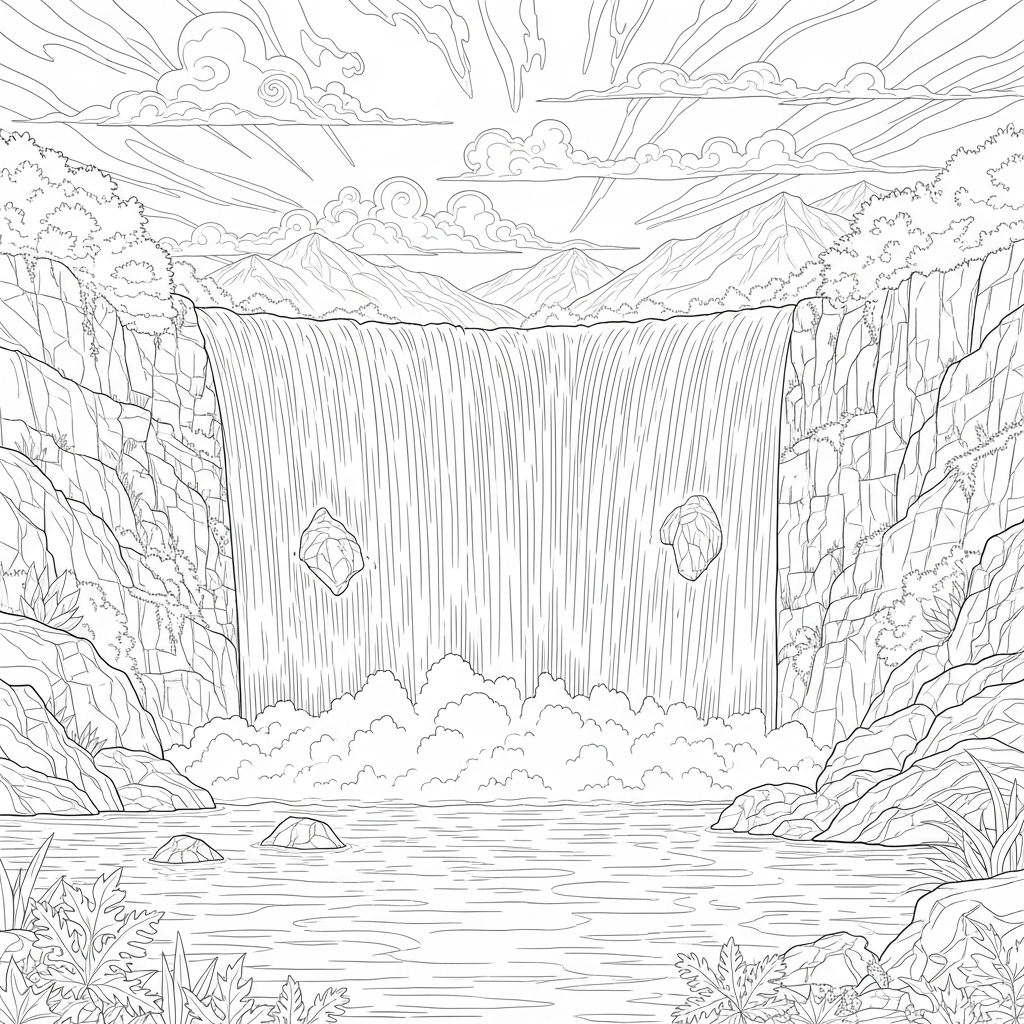 Challenging Realistic Waterfall Coloring Page with Pool coloring page