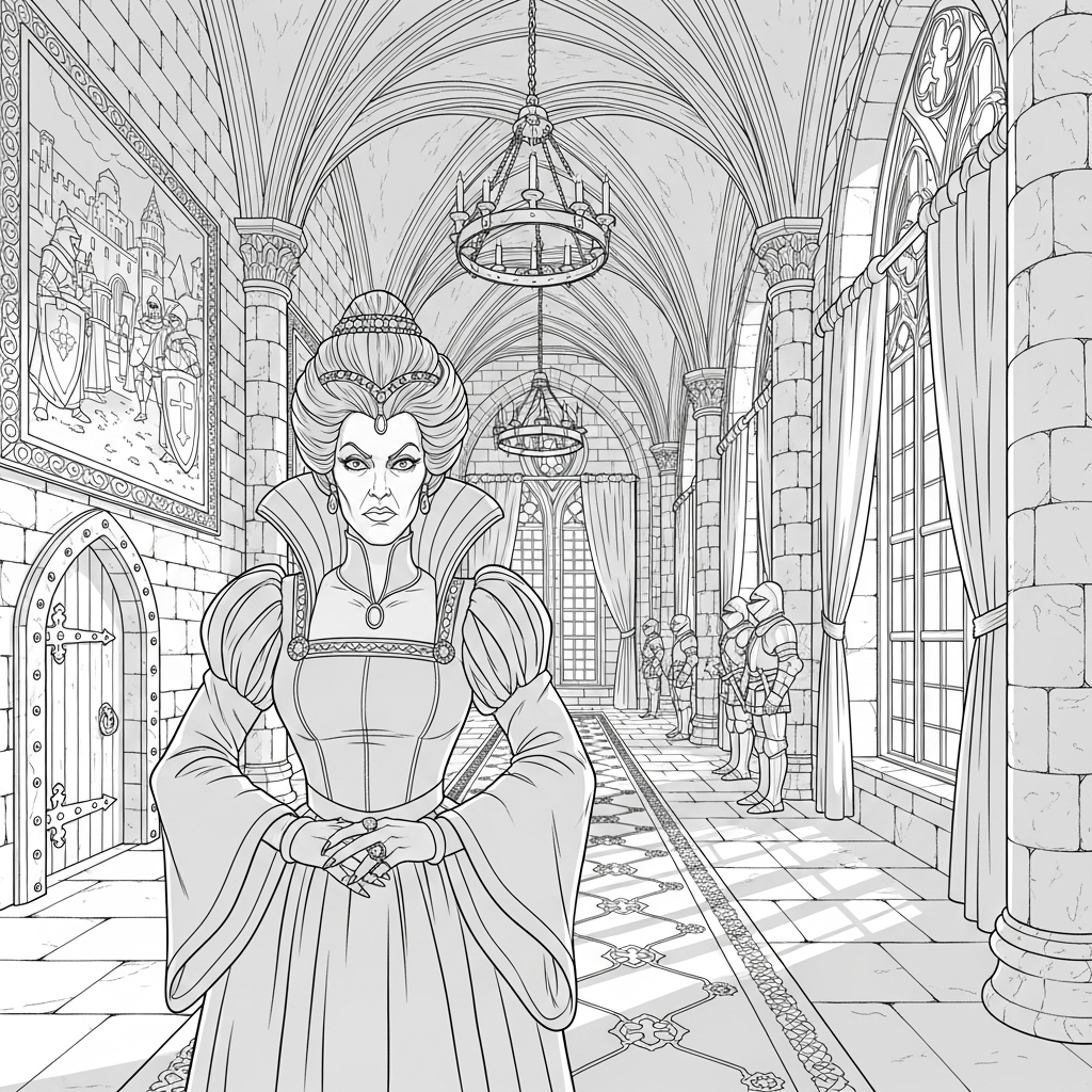 Coloriage de la Méchante Belle-Mère Réaliste dans un Couloir de Château coloring page