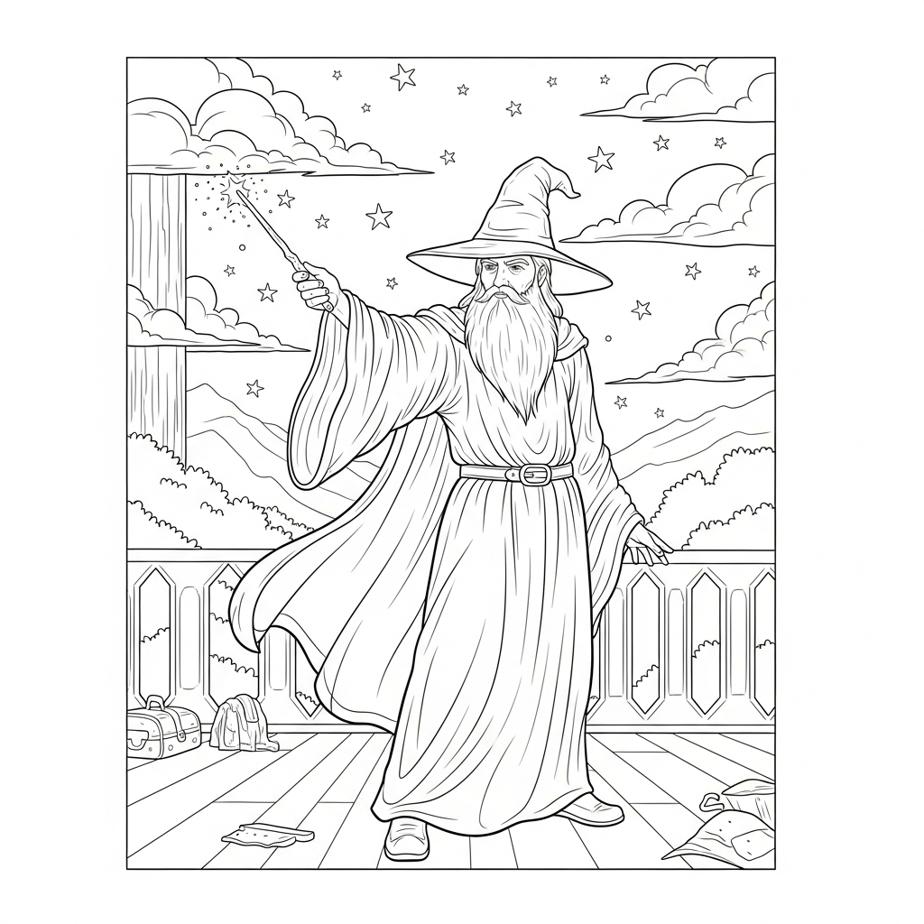 Moeilijke Realistische Tovenaar die een Betovering Uitoefent met een Toverstok Kleurpagina coloring page