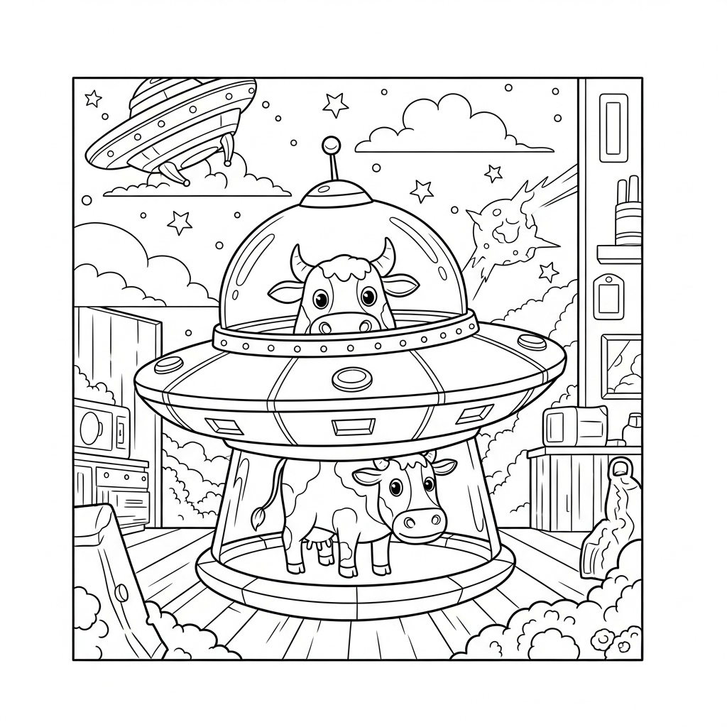 Page à Colorier: Vaisseau Spatial Cartoon Moyen Enlevant une Vache coloring page