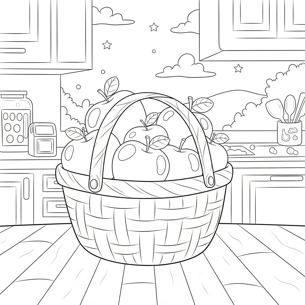 Printable Medium Cartoon Apple Basket Coloring Page for Kids coloring page