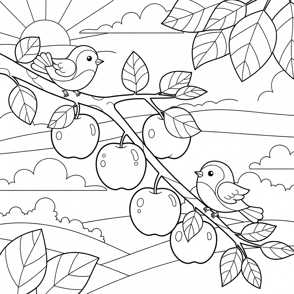 Page de Coloration Moyen Pomme de Dessin Animé avec Oiseaux coloring page