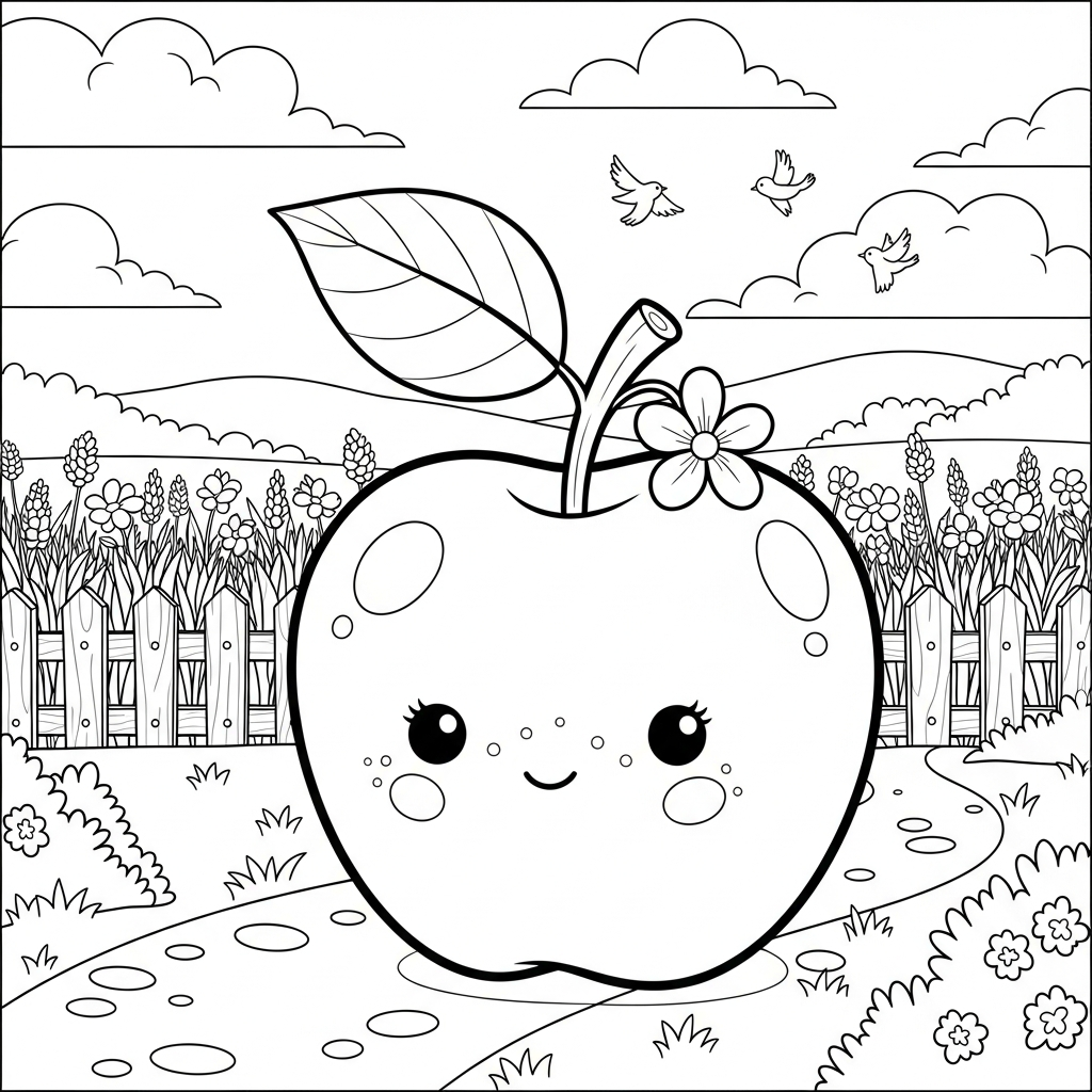 Mittlere Cartoon-Apfel Malvorlage mit Blatt und Blüte coloring page printable