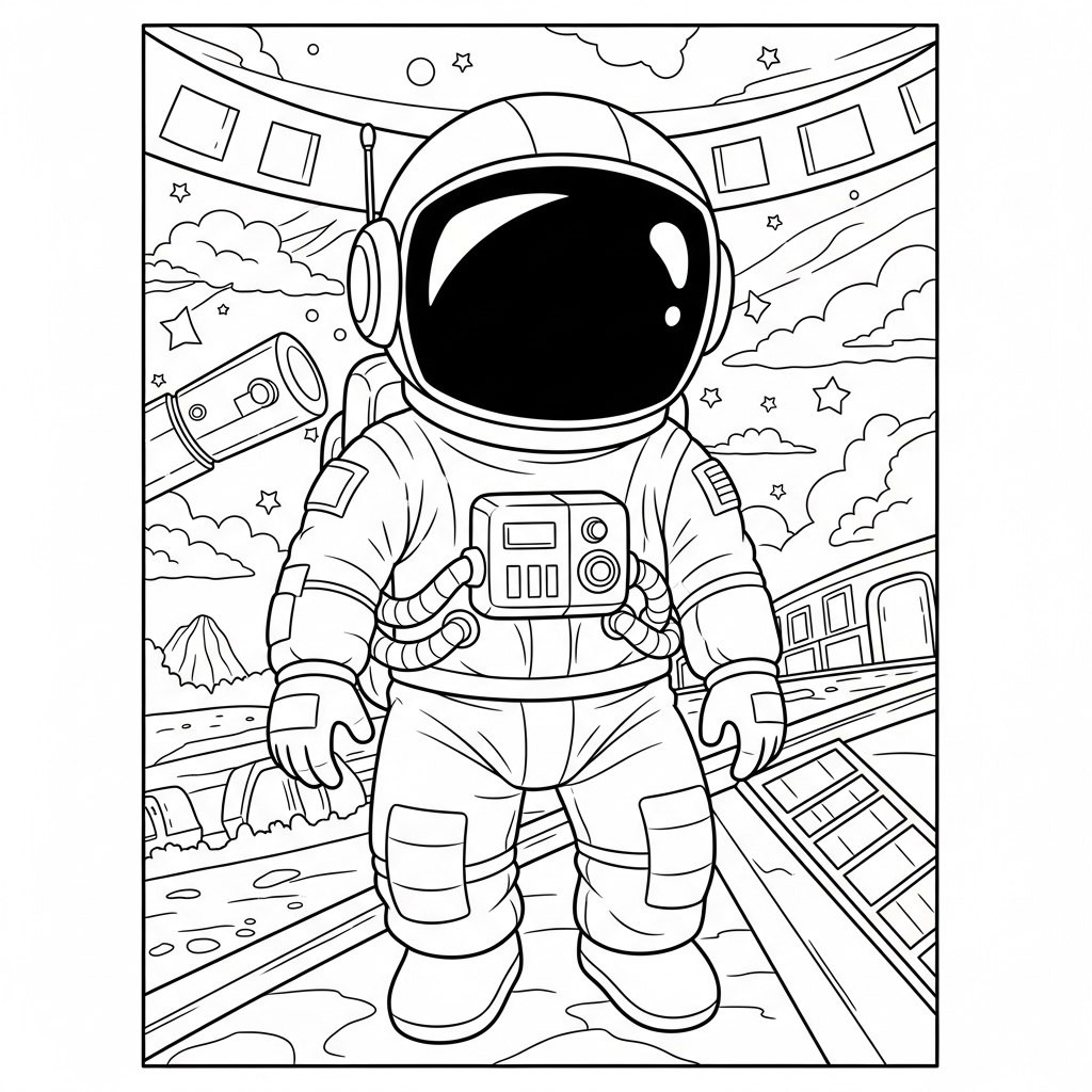 Fun Cartoon Astronaut Coloring Page | Creative Space Adventure coloring page