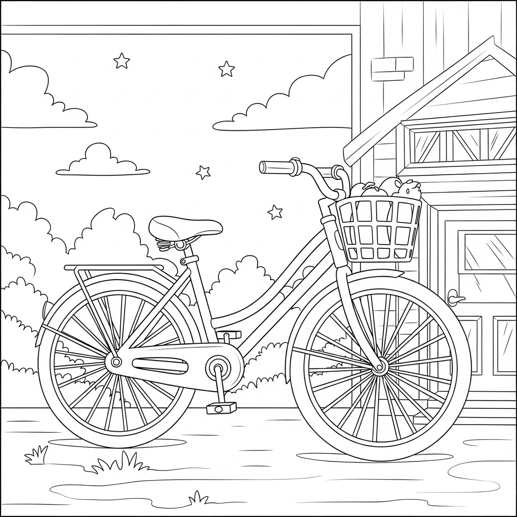 Fun Cartoon Bicycle Next to House Coloring Page coloring page