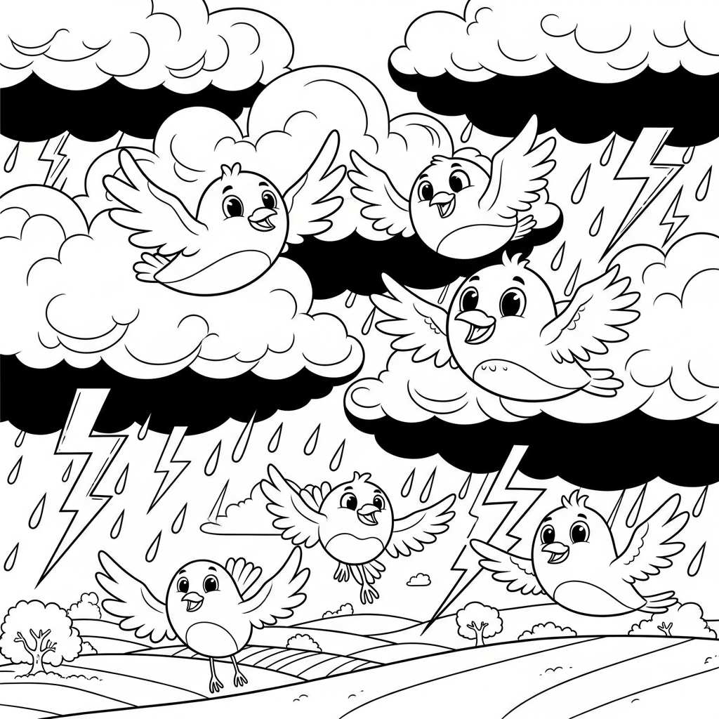Coloriage de Moyens Oiseaux de Dessin Animé Volant autour de Nuages Sombres coloring page