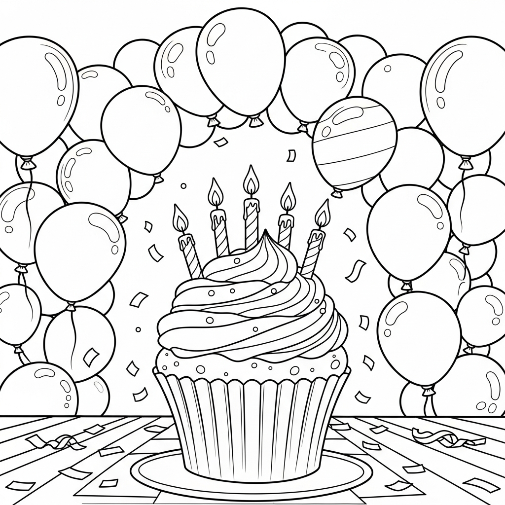 Adorable Birthday Cupcake Coloring Page with Candles coloring page