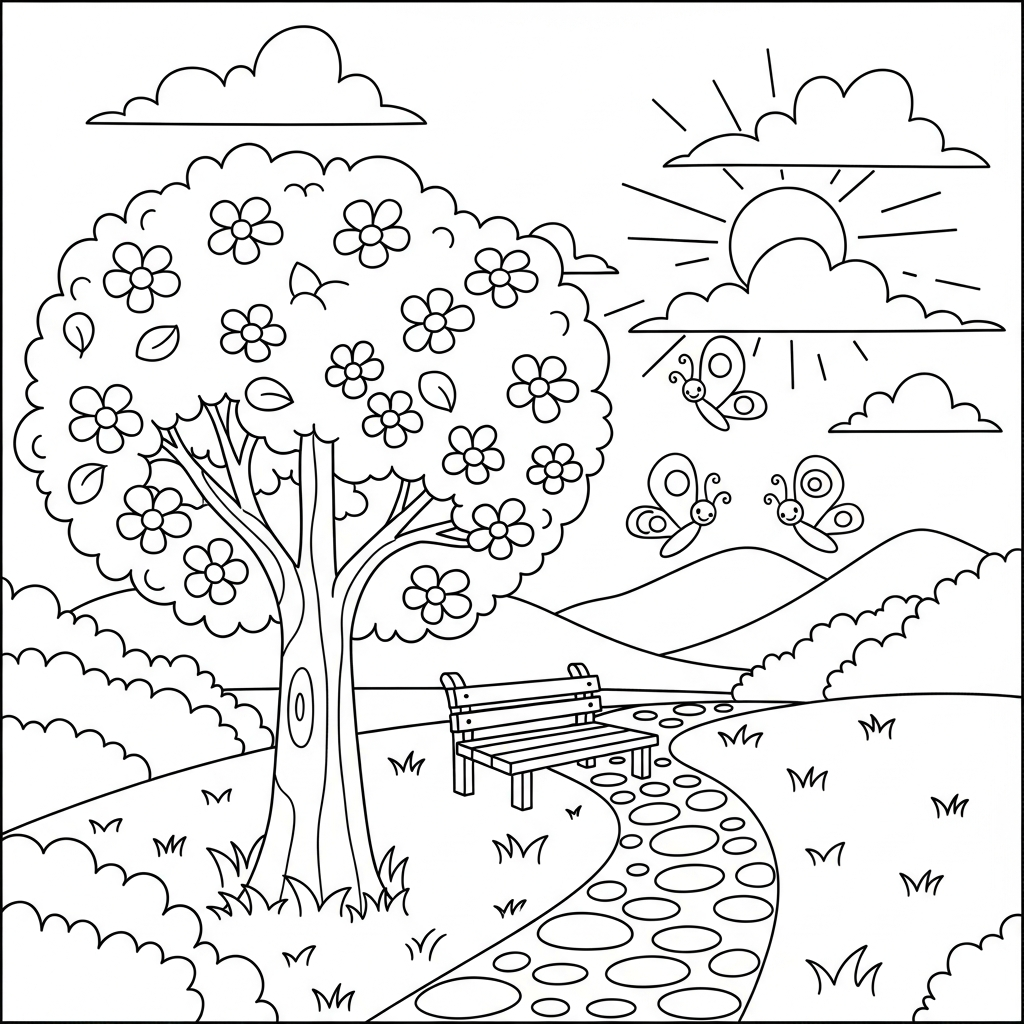 Coloring Page of a Charming Cherry Tree Along a Garden Path coloring page