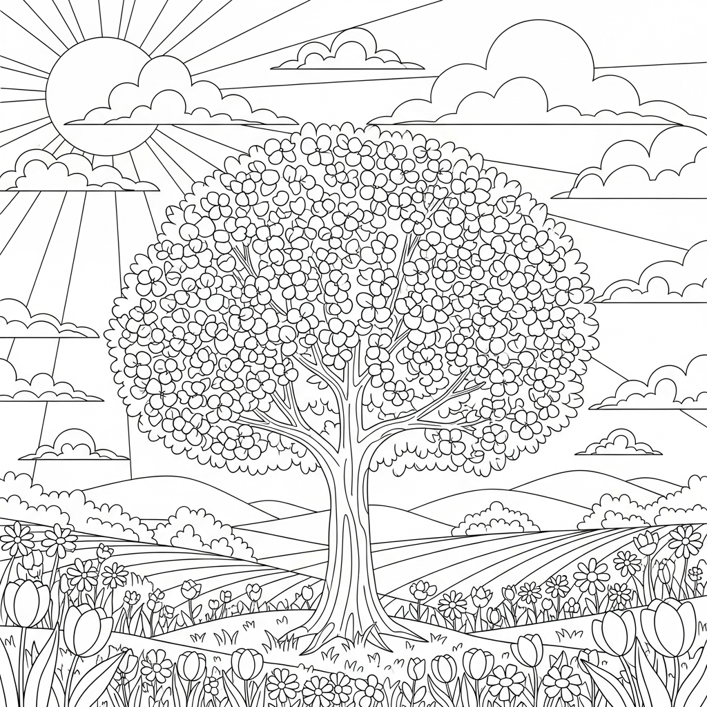 Mittlere Cartoon-Kirschblütenbaum-Ausmalbild in einer blühenden Wiese coloring page printable