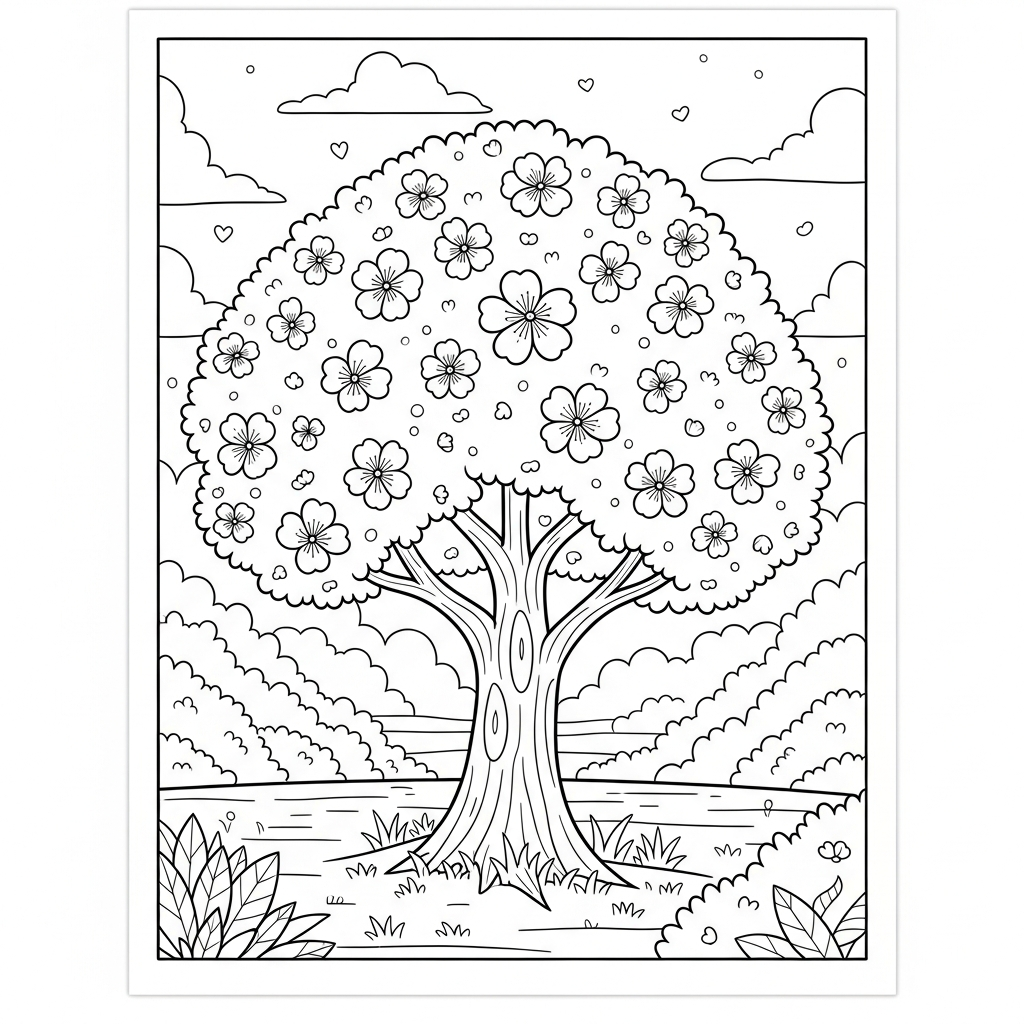 Charming Cartoon Cherry Blossom Tree Coloring Page in a Tranquil Park coloring page