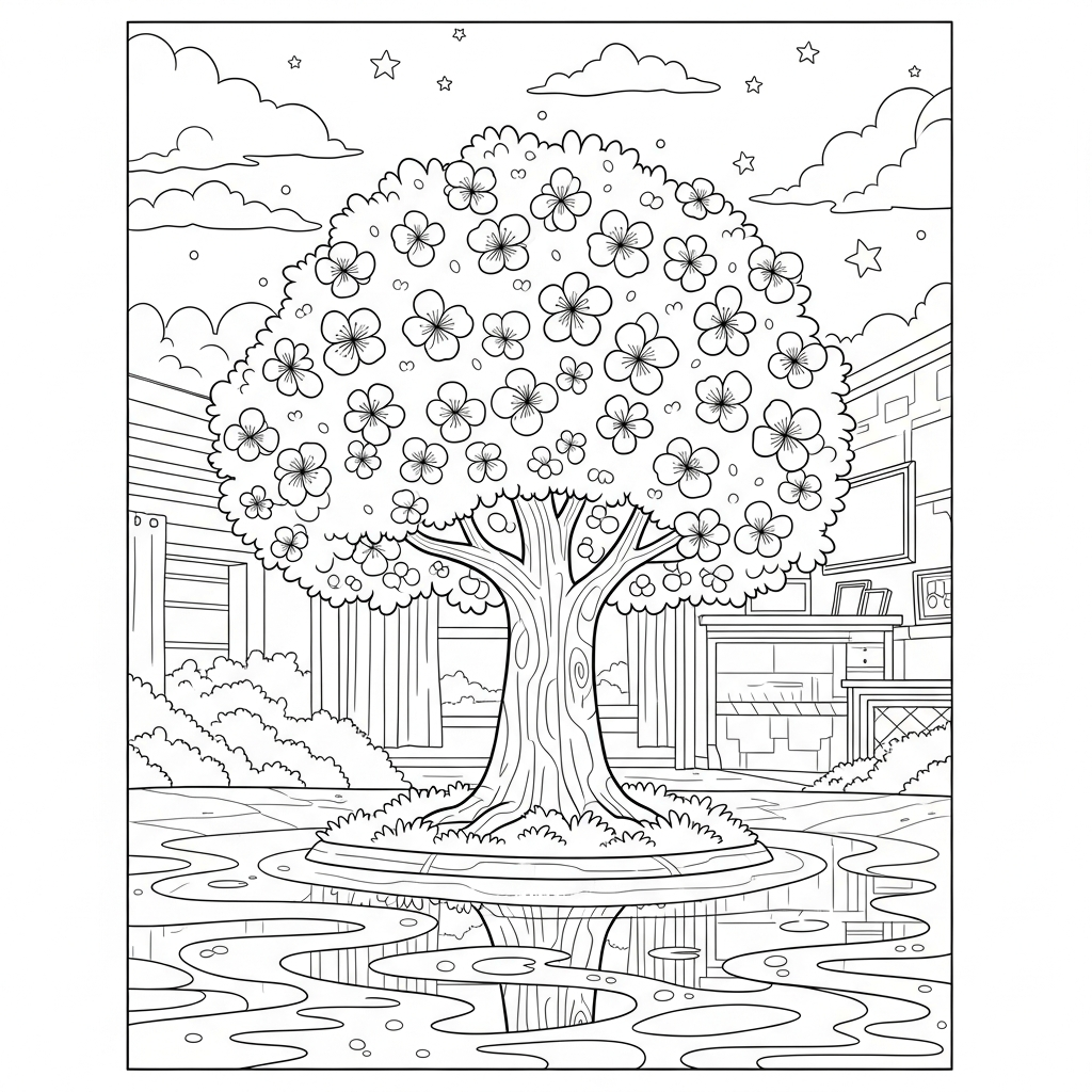 Charming Cherry Blossom Tree Coloring Page for Kids coloring page
