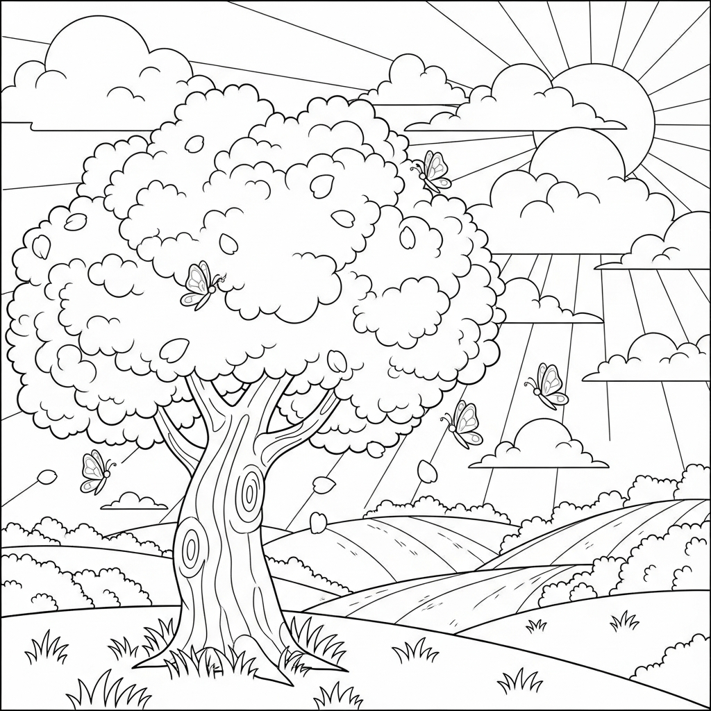 Disegno da Colorare: Albero di Ciliegio in Fiore con Farfalle coloring page