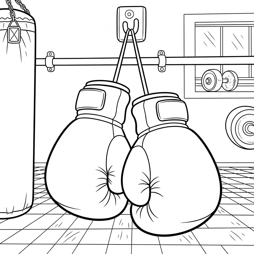 Coloring Page of Medium Cartoon Boxing Gloves in the Gym coloring page printable