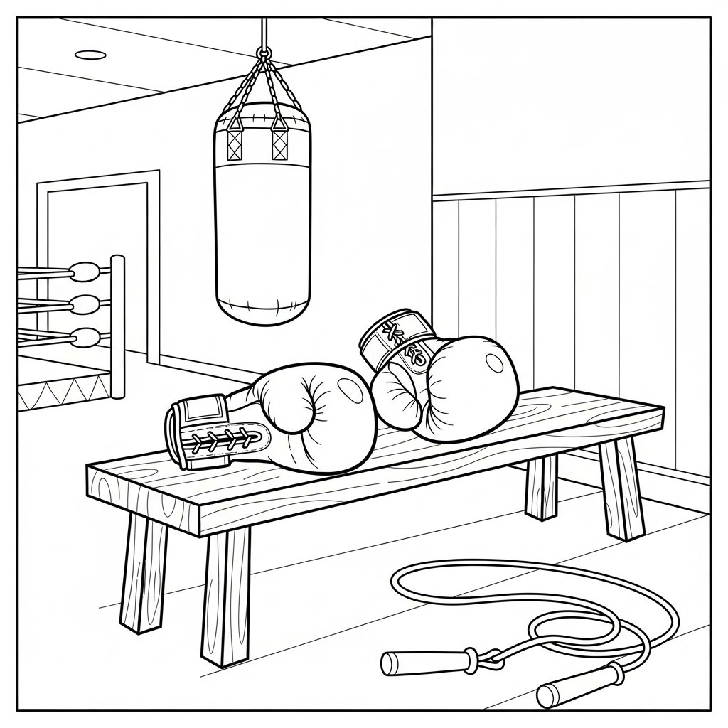Colorful Cartoon Boxing Gloves on a Training Bench - Fun Coloring Page coloring page printable