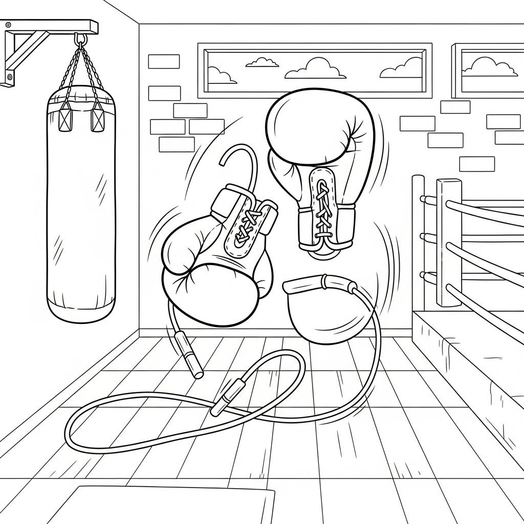 Cartoon Boxing Gloves and Jump Rope Coloring Page for Kids coloring page printable