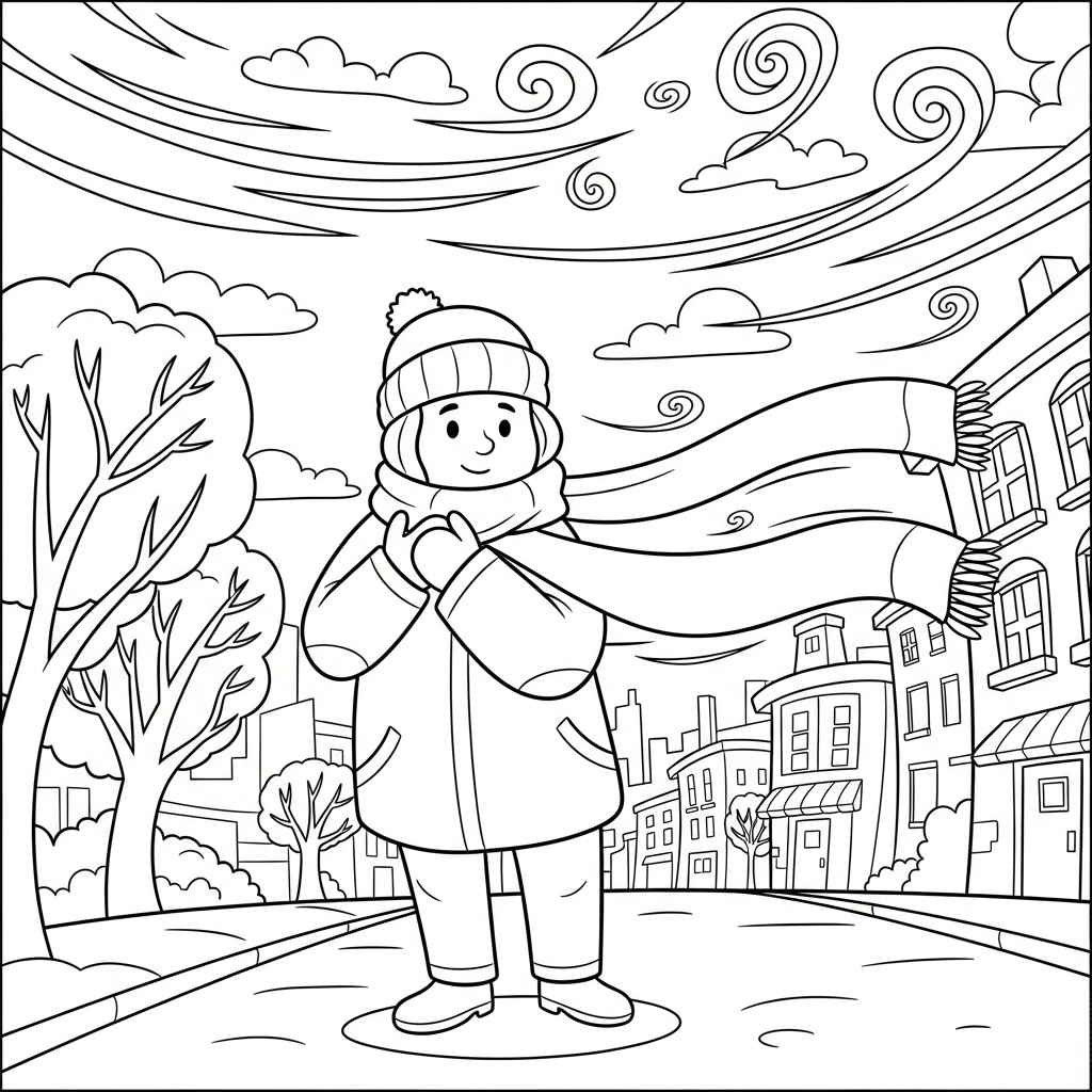 Fun Winter Coloring Page: Cartoon Boy with Scarf on a Windy Street coloring page