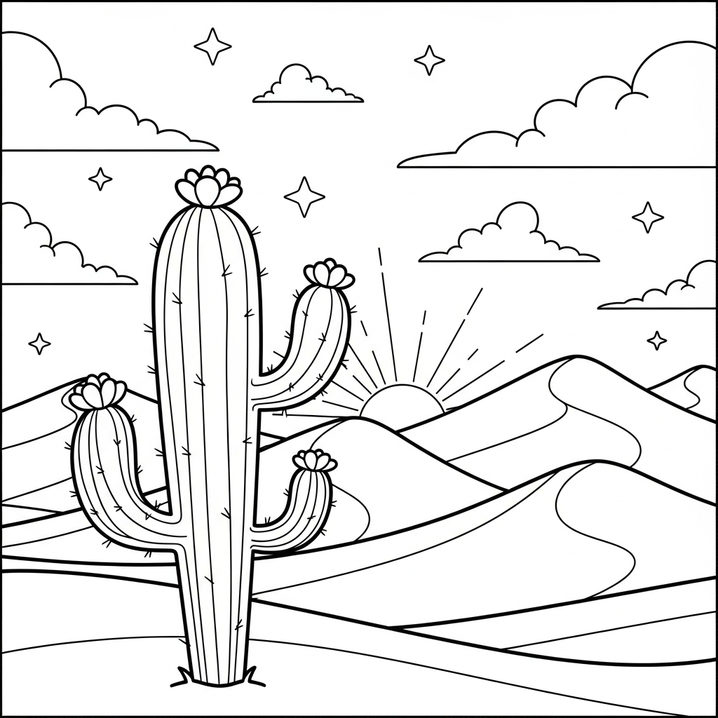 Fun Medium Cartoon Cactus and Sand Dunes Coloring Page coloring page