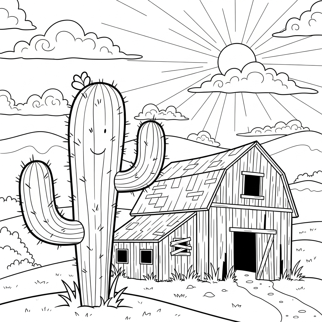 Charming Medium Cartoon Cactus Next to Rustic Barn Coloring Page coloring page