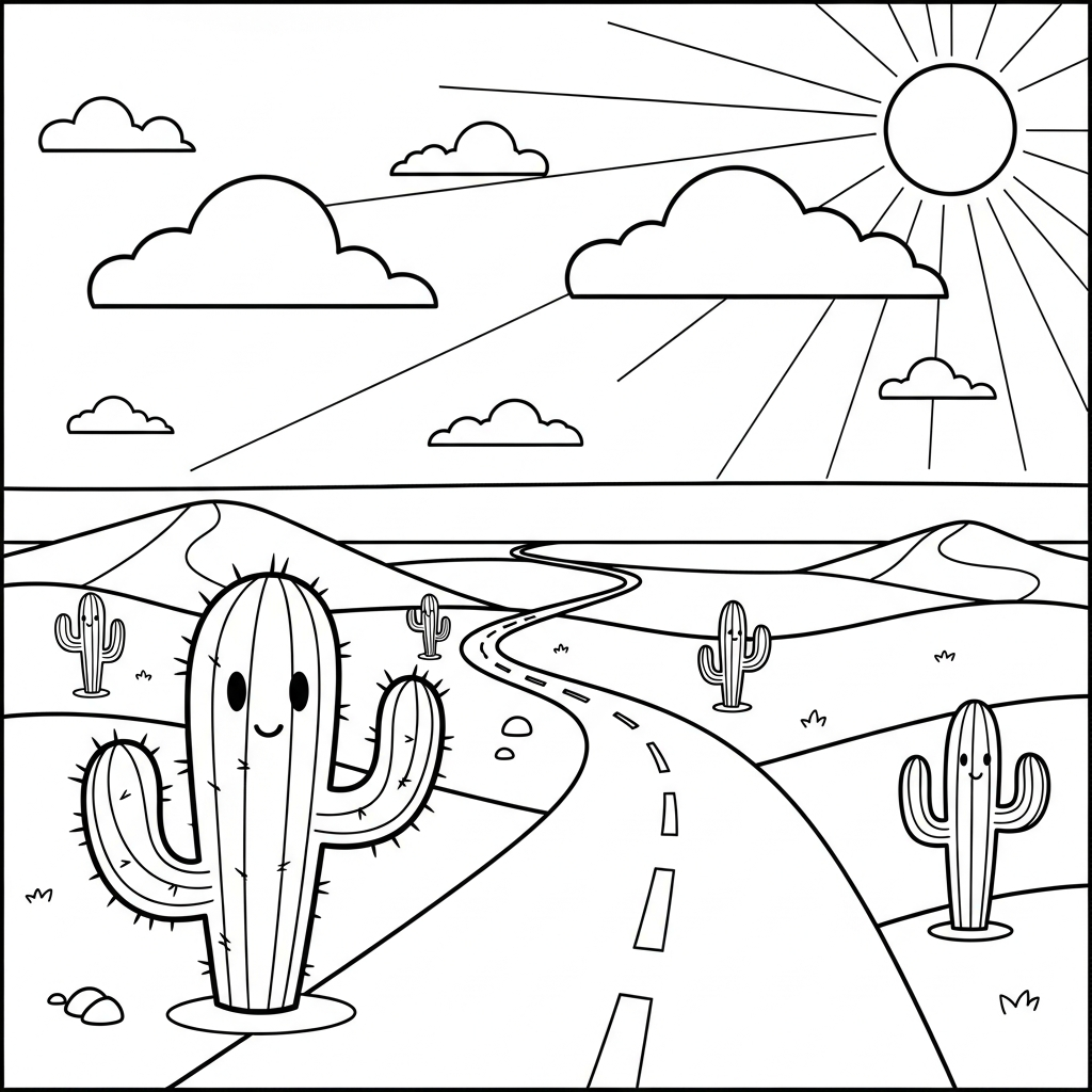 Coloriage de Cactus Dessin Animé Près d'une Route Désertique coloring page