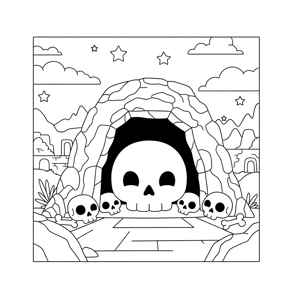 Cartoon Cave Entrance Coloring Page with Skulls and Bones coloring page