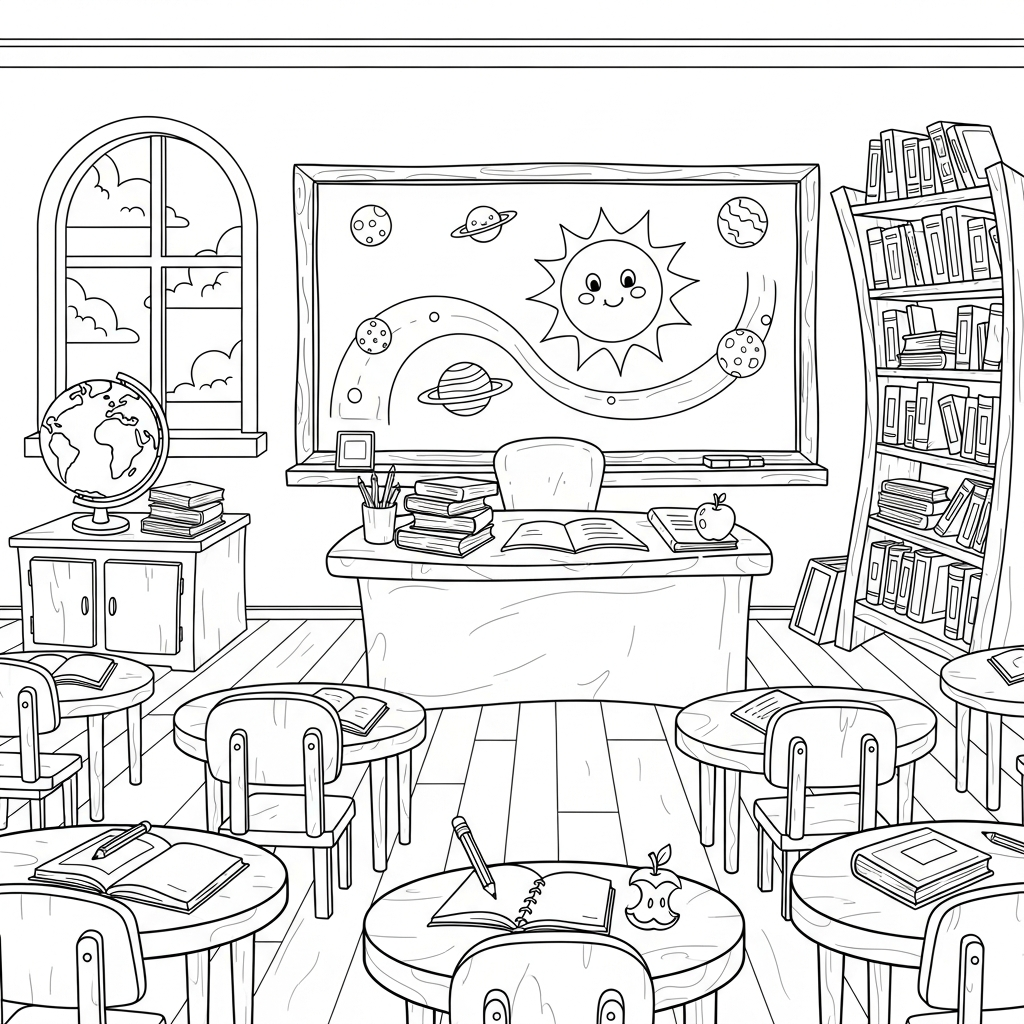 Fun Medium Cartoon Classroom Chalkboard Coloring Page coloring page