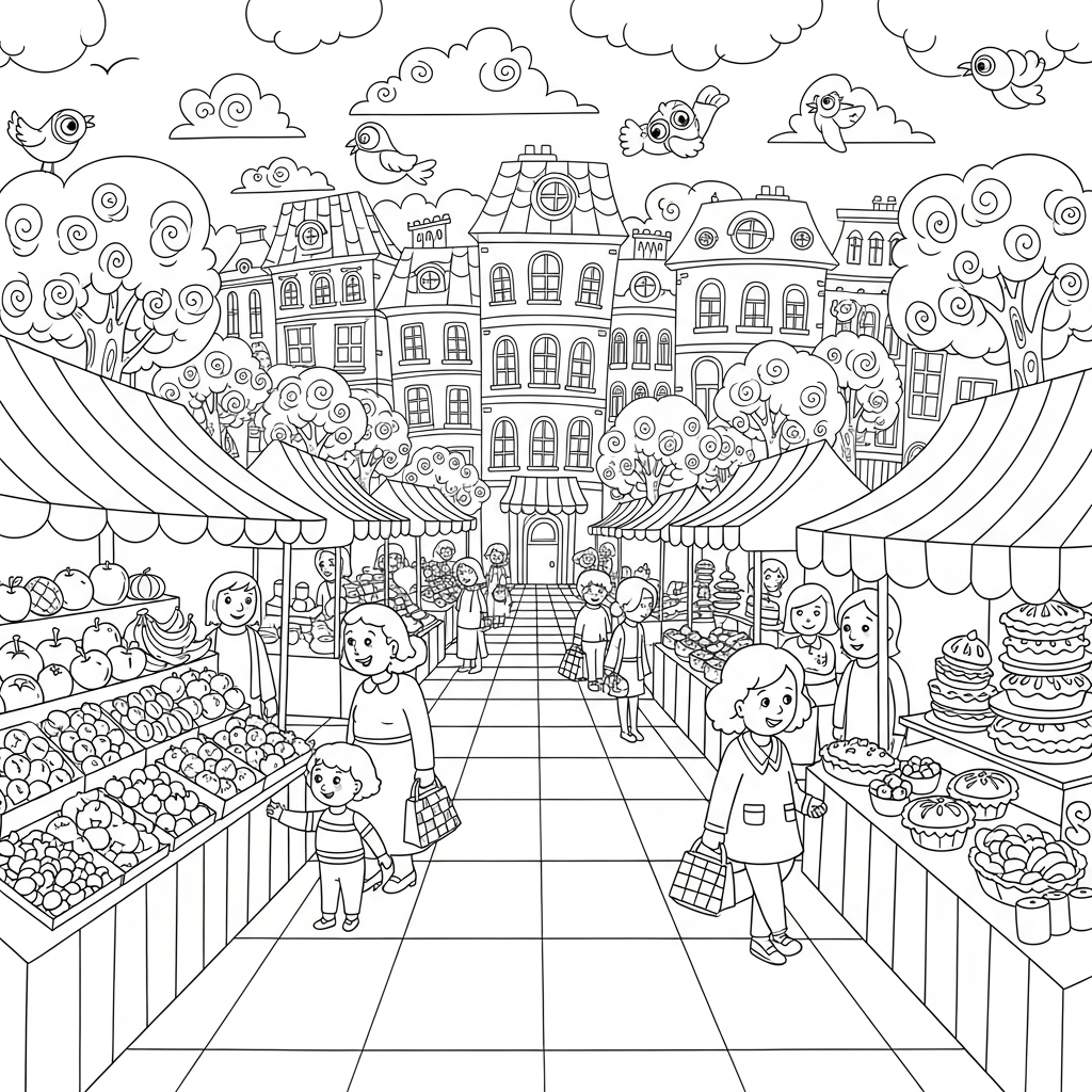 Page à Colorier : Marché de Rue de Ville en Motif Damier Cartoon Moyen coloring page