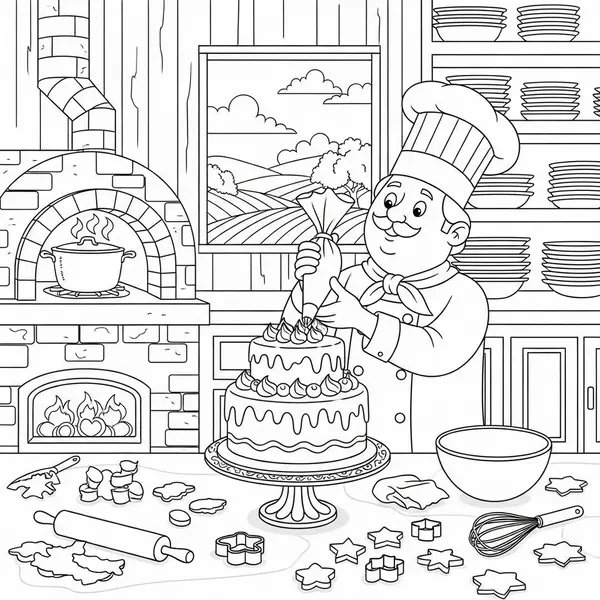 Page à Colorier : Chef Cartoona Décorant Un Gâteau coloring page printable