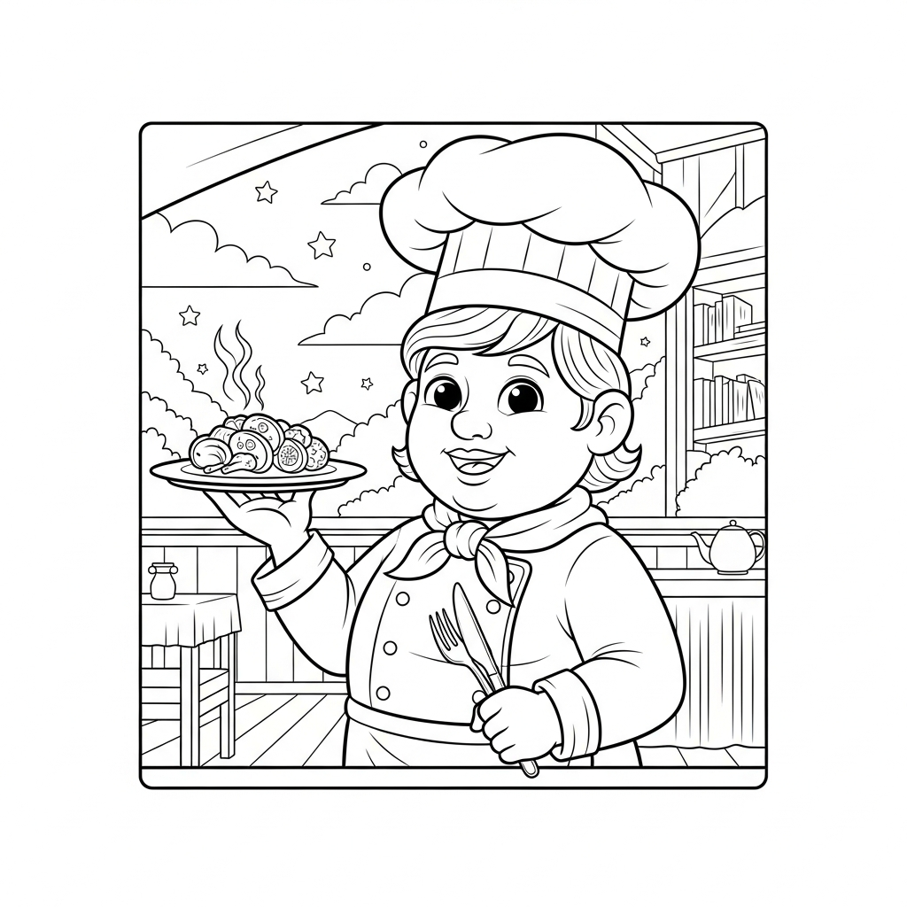 Foglietto da Colorare: Chef Cartoon di Media Grandezza che Serva un Piatto Gourmet coloring page