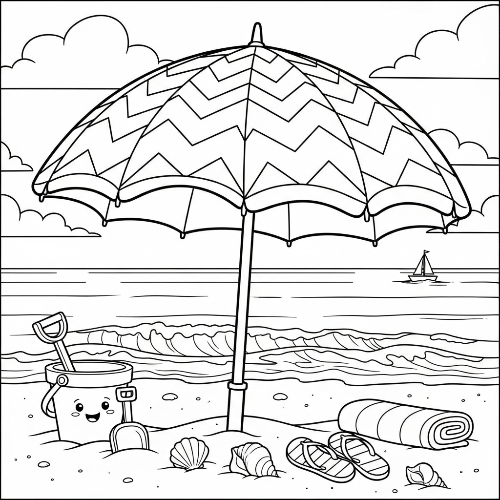 Fun Cartoon Chevron Striped Beach Umbrella Coloring Page for Kids coloring page