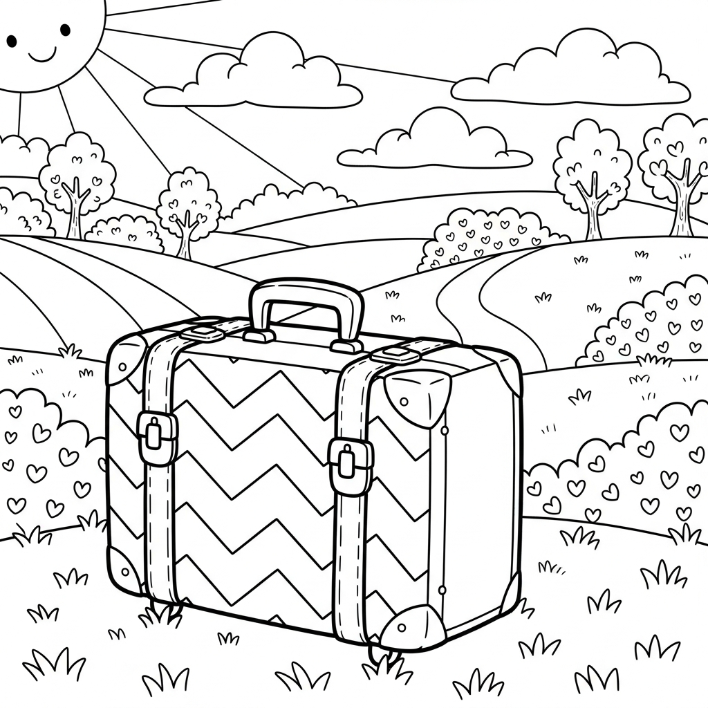 Vintage Suitcase Coloring Page with Medium Chevron Stripes coloring page printable