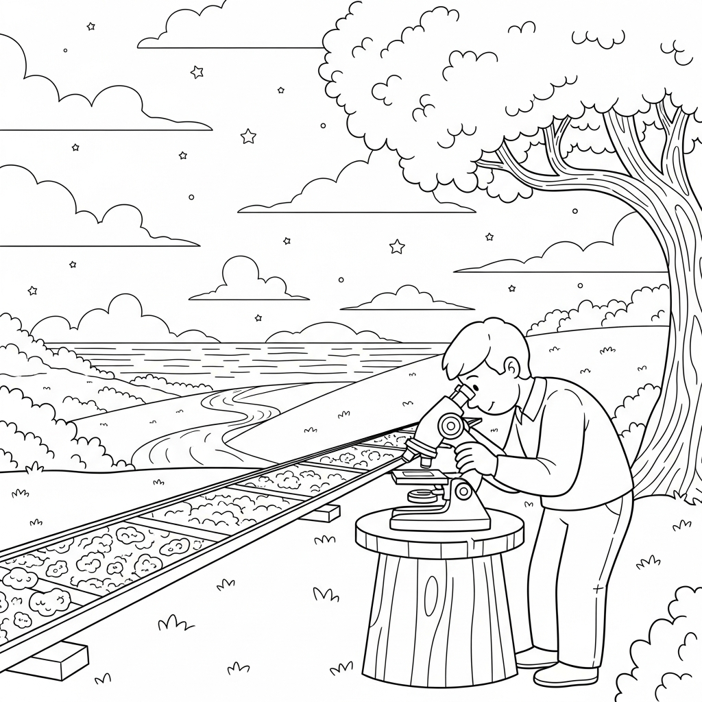 Mittlere Cartoonzeichnung eines Kindes, das einen Objektträger mit Mikroskop beobachtet coloring page printable