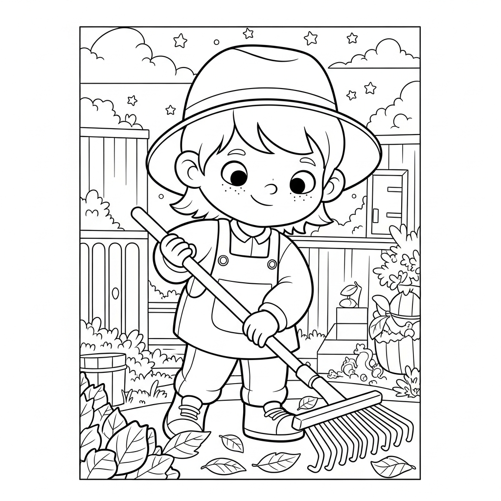 Fun Coloring Page of a Cartoon Child Raking Leaves in the Garden coloring page