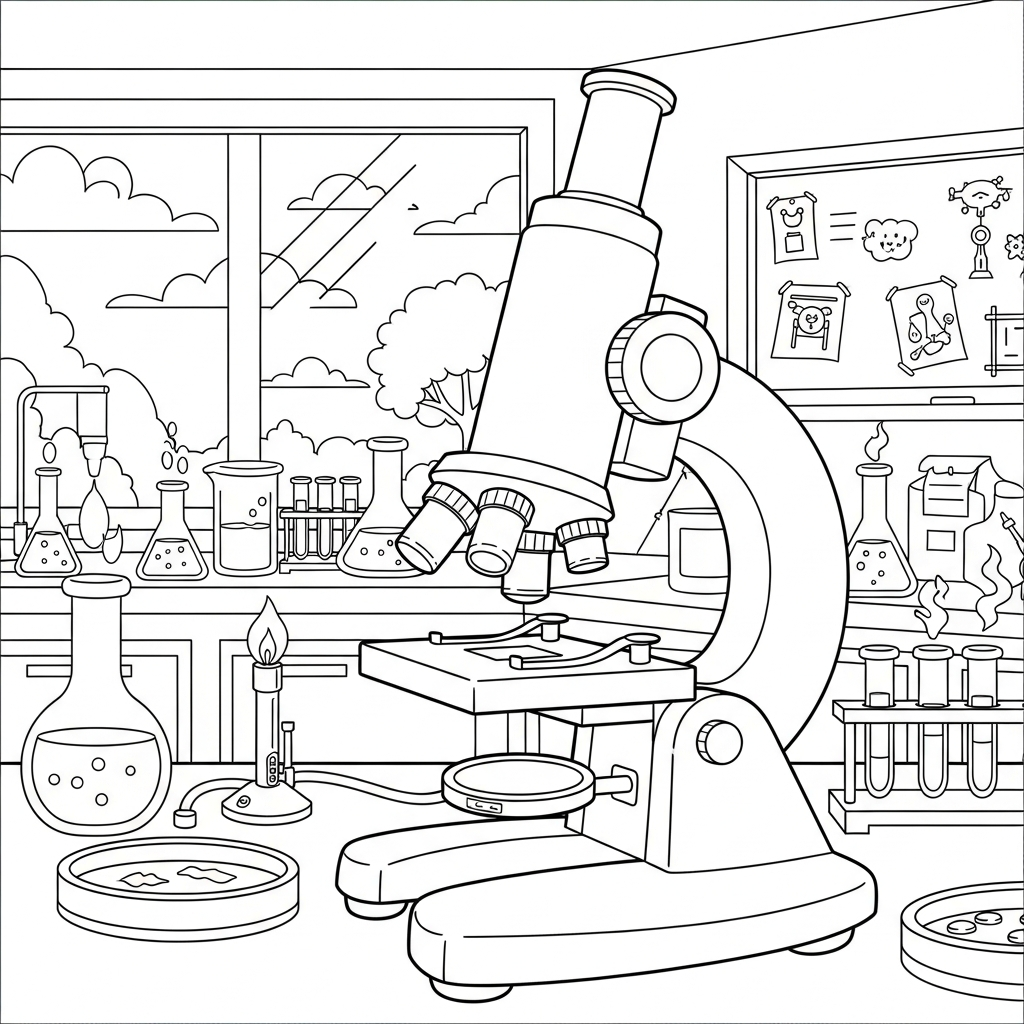 Coloring Page: Cartoon Microscope in Science Lab coloring page
